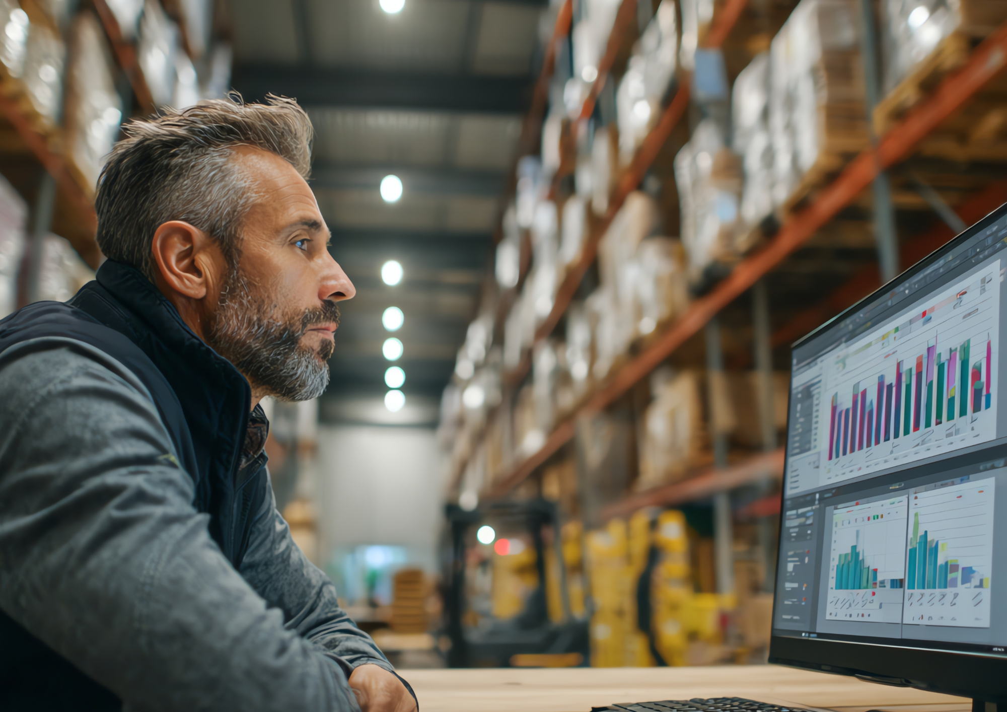 Warehouse manager studying data charts on a computer screen beside stocked warehouse shelves