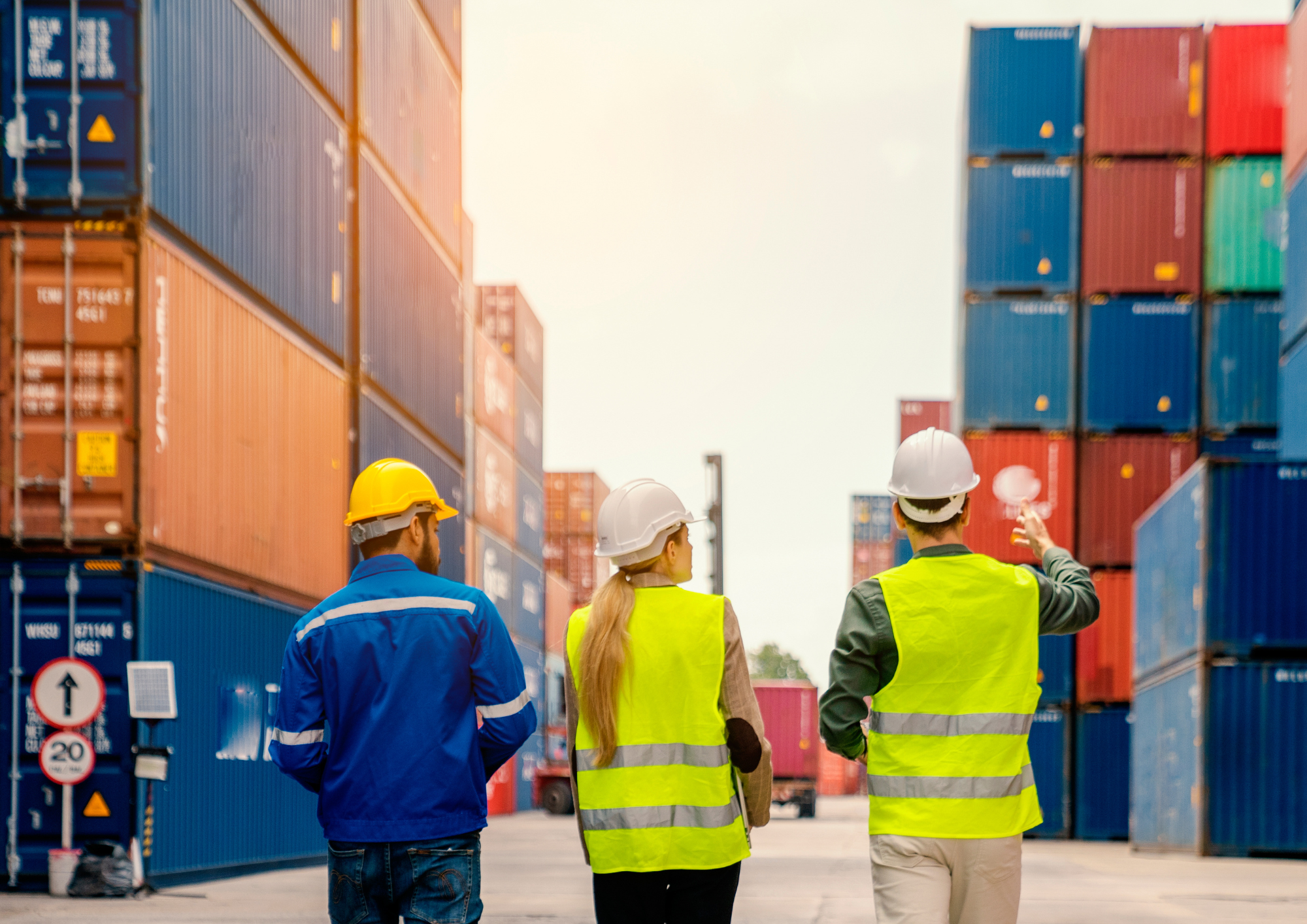 Three workers in hard hats and high-visibility vests walking through a shipping container yard